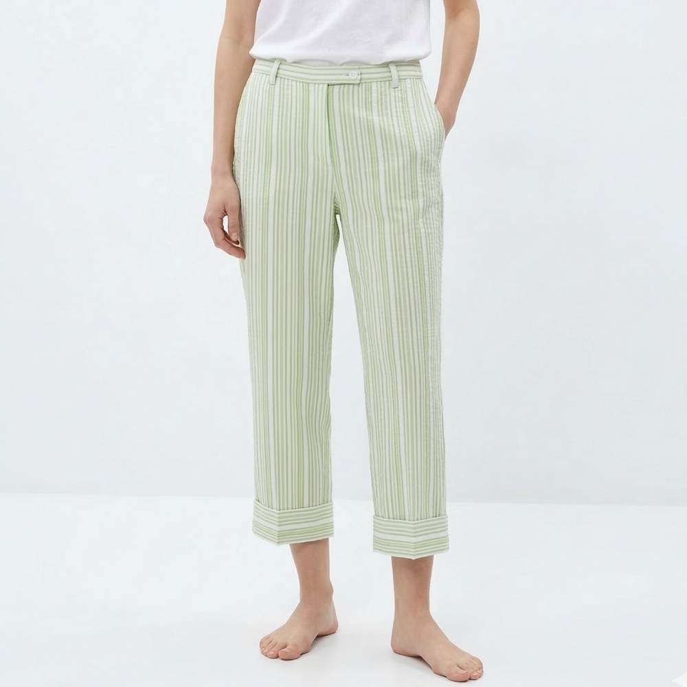 Donna Rae Pants Green Stripes Crop Cuff Casual Summer Straight 12